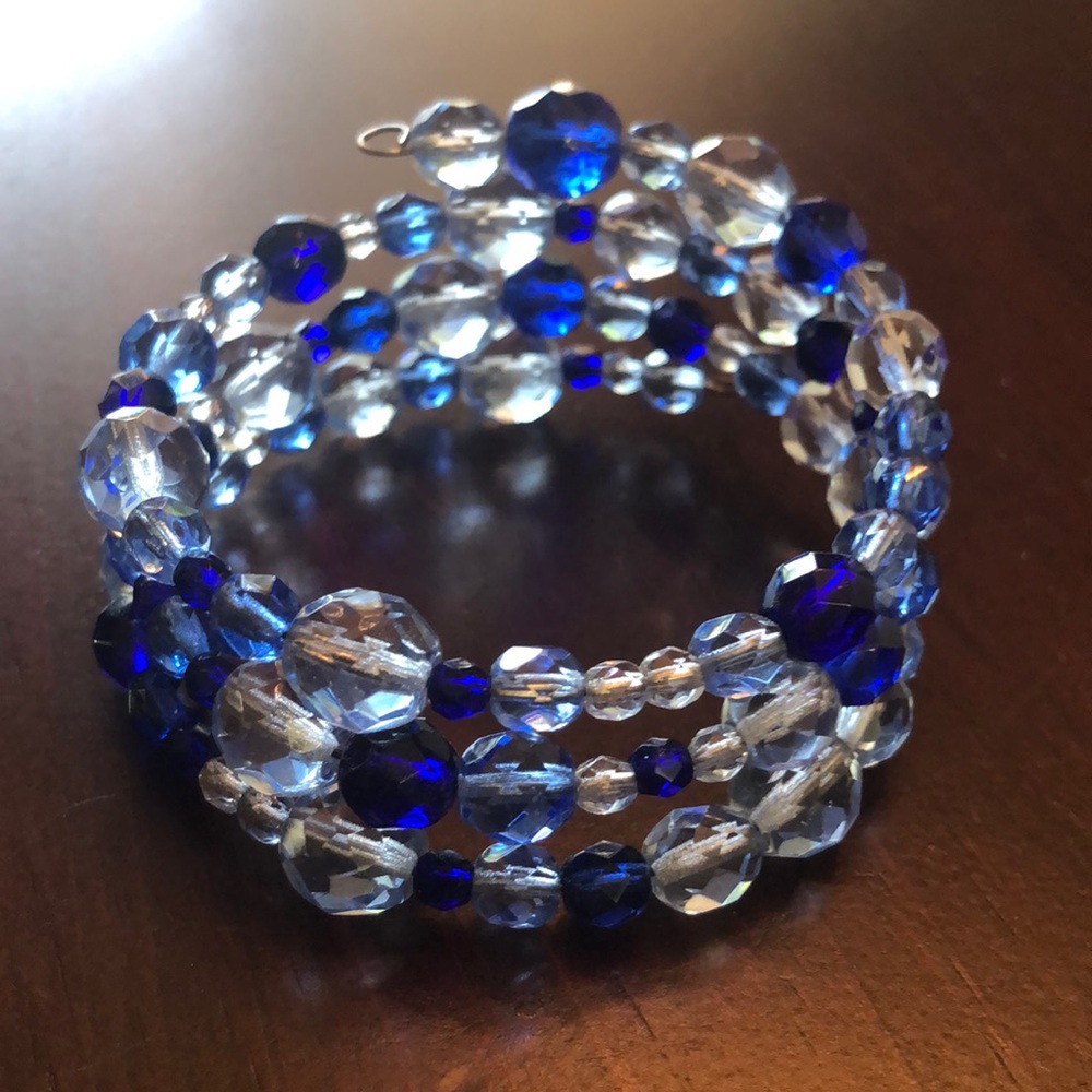 Blue Czech Glass Triple Wrap Memory Wire Bracelet